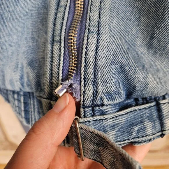 Vintage 1980s Denim Blue Bomber Jacket Distressed Yoke vtg 80s Puff Sleeve M L - Picture 5 of 14